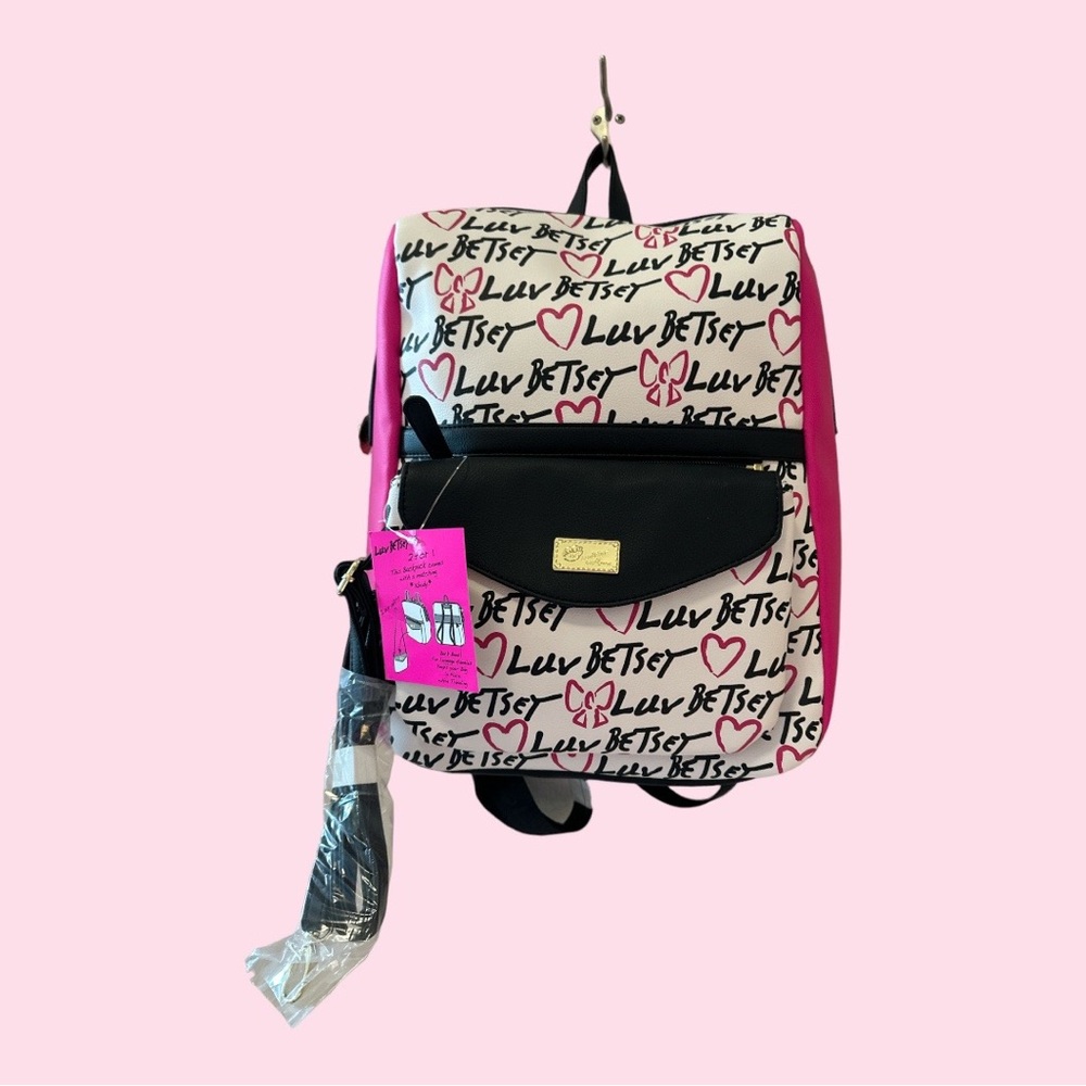 Betsey Johnson White Pink Black Script Heart Backpack
